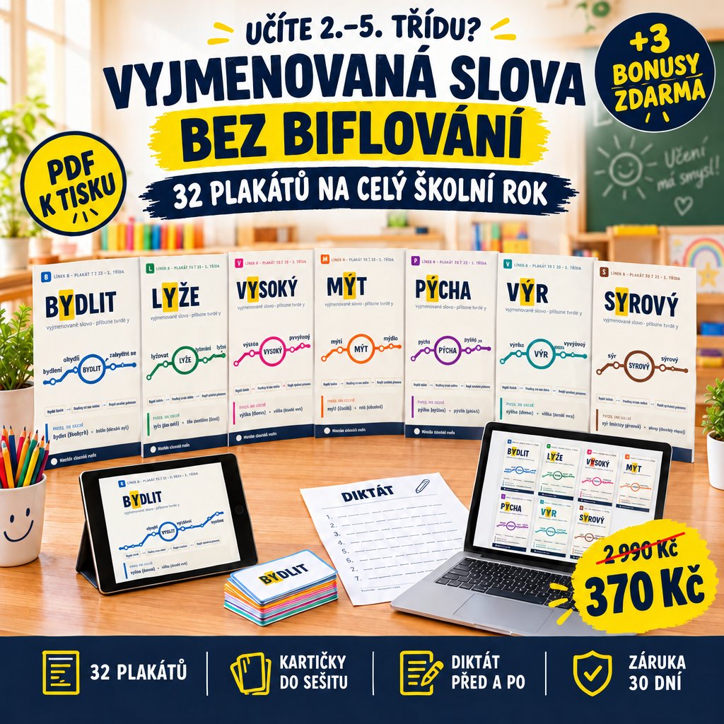 Pravopisná zeď – 32 plakátů, kartičky do sešitu a diktát před a po